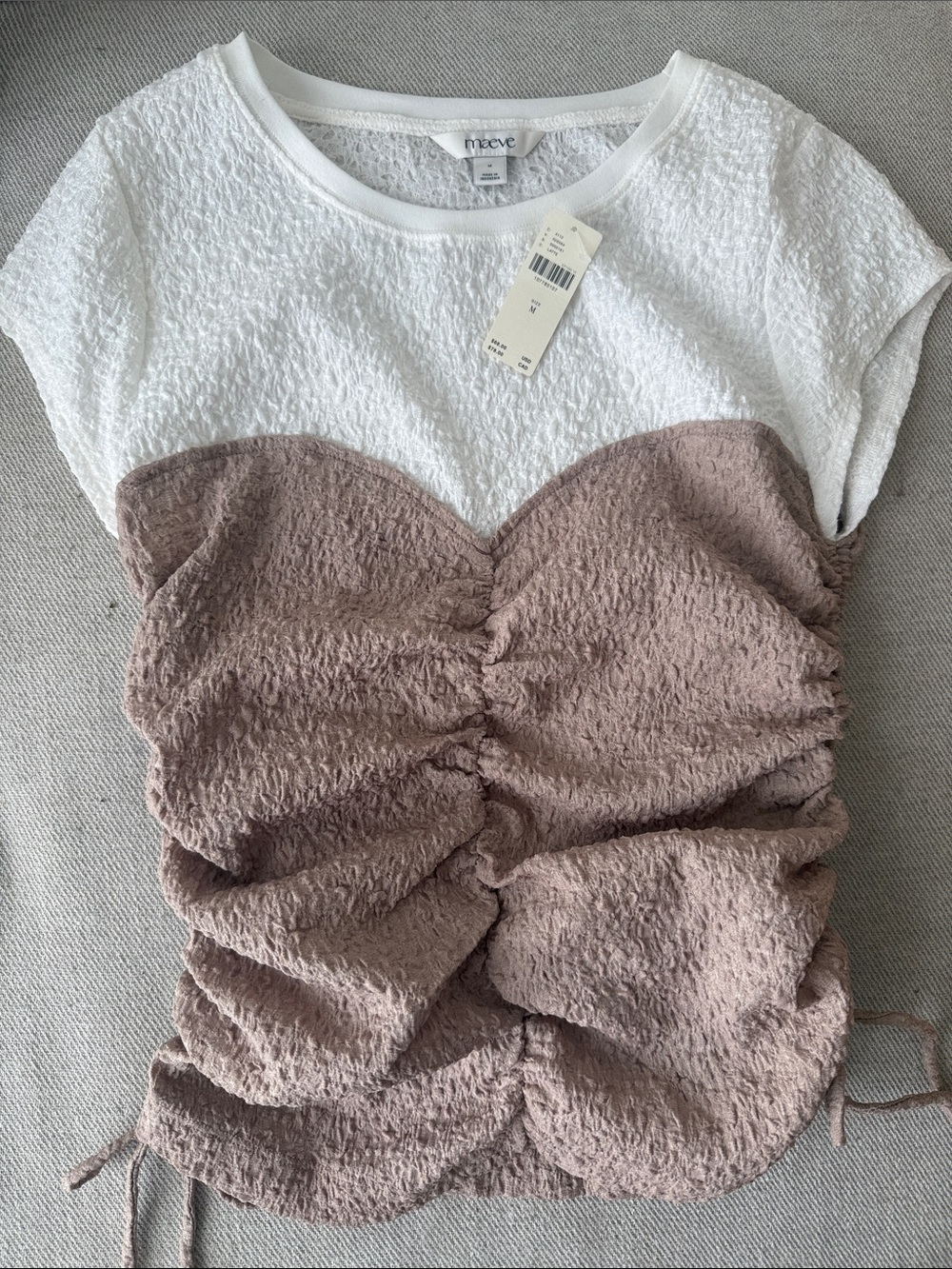 Anthropologie Maeve White & Taupe Textured Ruched Layered Top